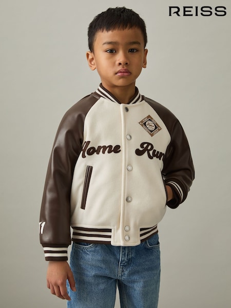 Reiss Off White/Brown Walker 9-13 yrs Home Run Varsity Bomber Jacket (AL7794) | €110