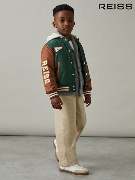 Reiss Green/Tobacco Brown Wells 3-9 yrs Home-Run Colourblock Bomber Jacket (AL7806) | $108