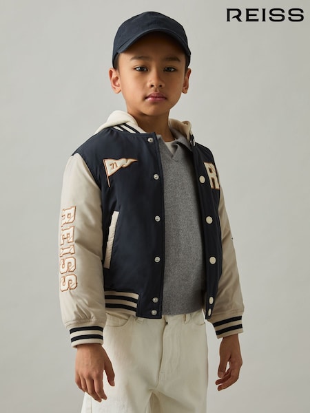 Reiss Navy/Stone Wells 9-13 yrs Home-Run Colourblock Bomber Jacket (AL7809) | $115