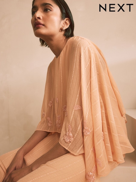 Peach Pink Cape Bead Embelishment Crew Neck Maxi Dress (AL7917) | OMR31