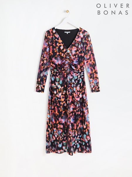 Oliver Bonas Black Abstract Print Ruched Midi Dress (AL7931) | €47.50