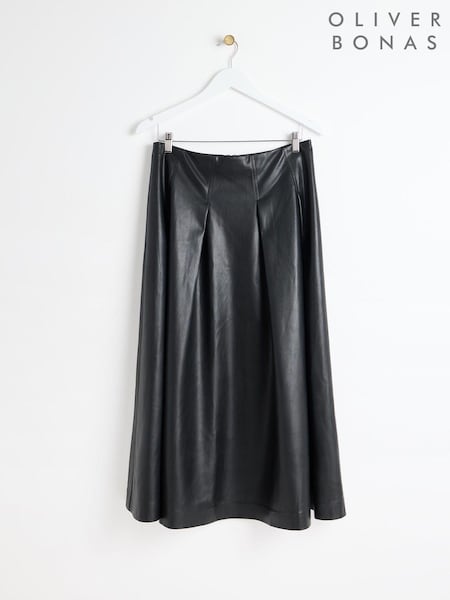 Oliver Bonas Black PU Pleated Midi Skirt (AL8013) | 284 LEI