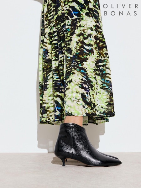 Oliver Bonas Black Metallic Pointed Kitten Heel Ankle Boots (AL8017) | 380 QAR