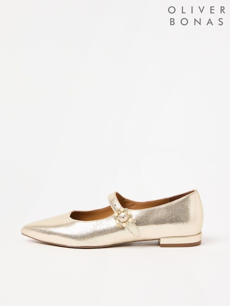 Oliver Bonas Gold Pearl Buckle Pointed Flat Mary Jane Shoes (AL8019) | AED204