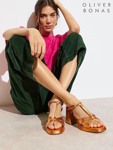 Oliver Bonas Orange Metallic T-Bar Flared Heeled Sandals (AL8036) | 235 QAR