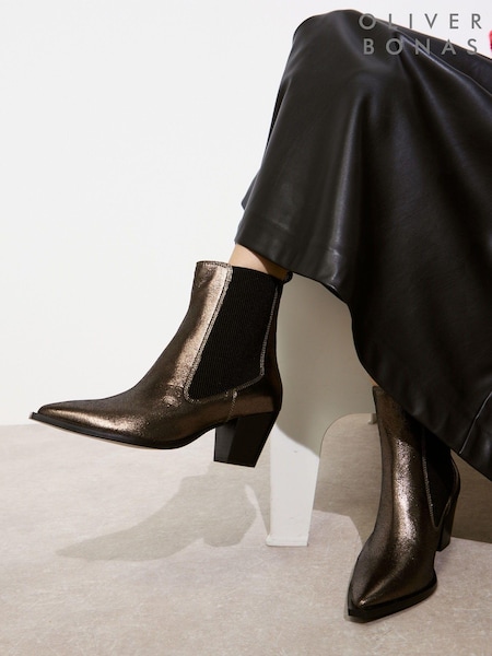Oliver Bonas Brown Pewter Elastic Metallic Western Cowboy Heeled Boots (AL8115) | AED364