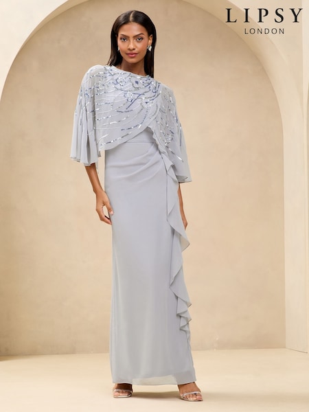 Lipsy Silver Embellished Floral Trim Cape Maxi Dress (AL8288) | $187