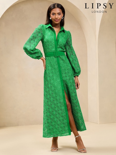 Lipsy Belted Long Sleeve Lace Maxi Shirt Dress (AL8296) | €219