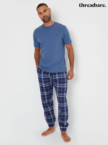 Голубой - Threadbare Blend Textured Short Sleeve 100% Cotton Check Pyjamas Set (AL8394) | €32