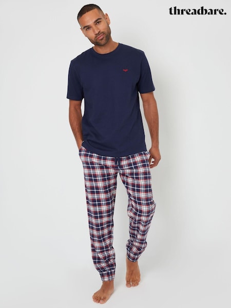 Синий - Threadbare Blend Textured Short Sleeve 100% Cotton Check Pyjamas Set (AL8395) | €32