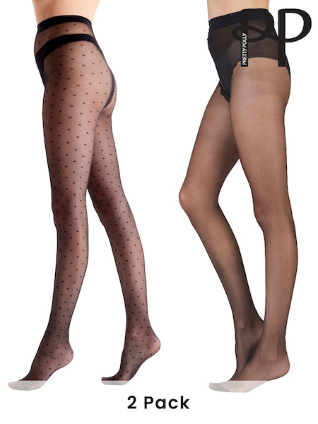 Pretty Polly All Over Heart 10 Denier Gloss Black Tights 2 Pack (AL8540) | €25