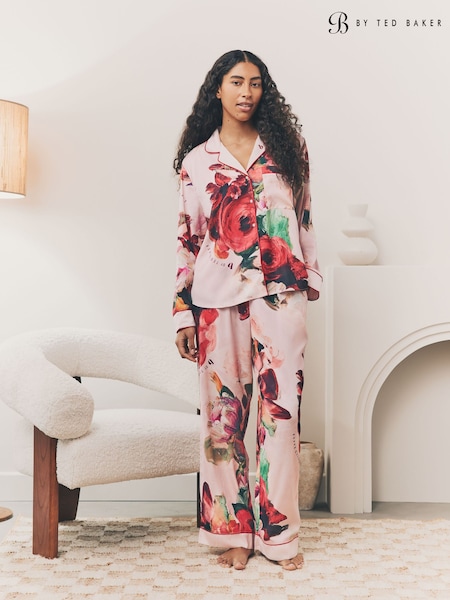 B by Ted Baker Pink Red Floral Satin Button Through Pyjamas (AL8584) | €84