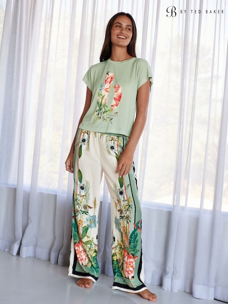 B by Ted Baker Green Floral Satin Jersey Short Set Pyjamas (AL8586) | ₪282