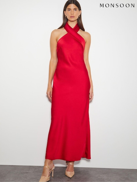 Monsoon Red Jodie Halter Satin Maxi Dress (AL8608) | AED546