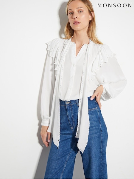 Monsoon Natural Cassie Broderie Frill Tie-Neck Blouse (AL8615) | AED231