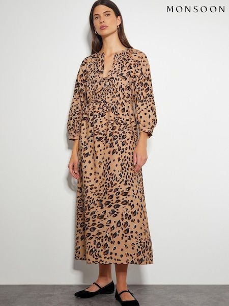 Monsoon Natural Raife Leopard Print Tie 100% Cotton Midi Dress (AL8621) | €30