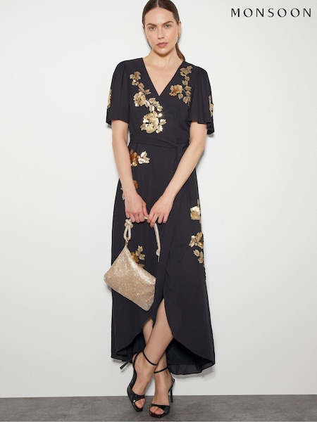 Monsoon Sarah Sequin Floral Midi Wrap Dress (AL8646) | ‏754‏₪