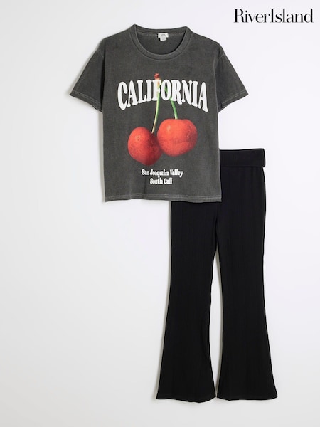 River Island Grey Girls Cherry 100% Cotton T-Shirt And Kickflare Set (AL8720) | €34