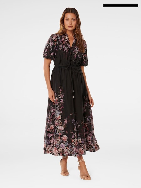 Forever New Black Adele Printed Midi Dress with a touch of Linen (AL8872) | €111