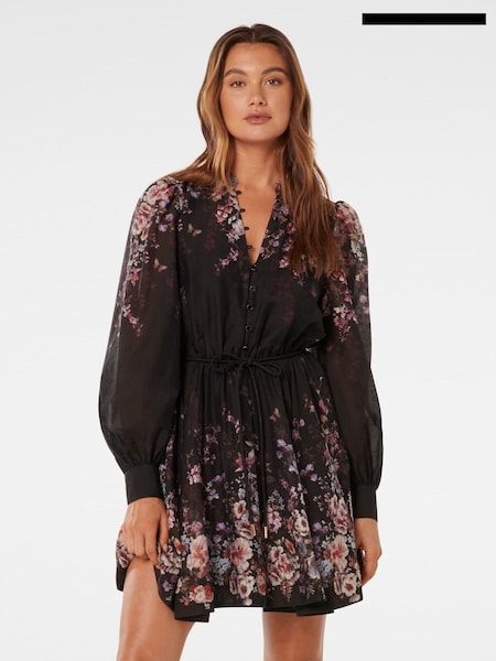 Forever New Black Anastasia Printed Skater Mini Dress with a touch of Linen (AL8885) | €70