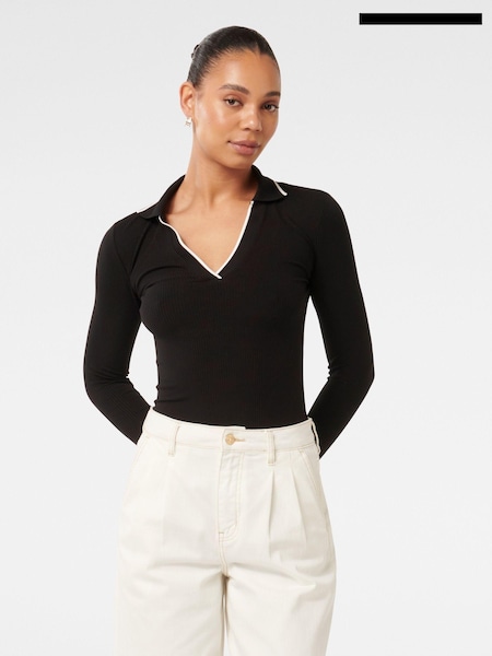 Forever New Black Reina Tipped Long Sleeves Polo Top (AL8911) | €25