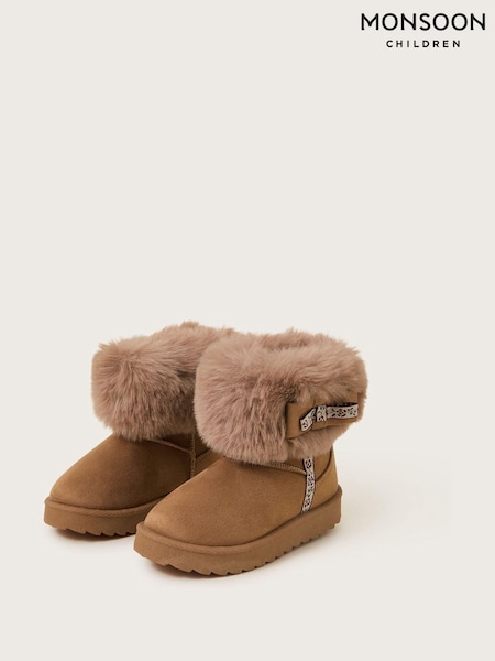 Monsoon Brown Bow Faux Fur Suedette Ankle Boots (AL8981) | ₪126 - ₪146