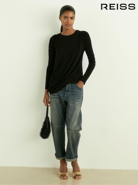 Reiss Black Ellie Draped-Jersey Top (AL9002) | 867 QAR