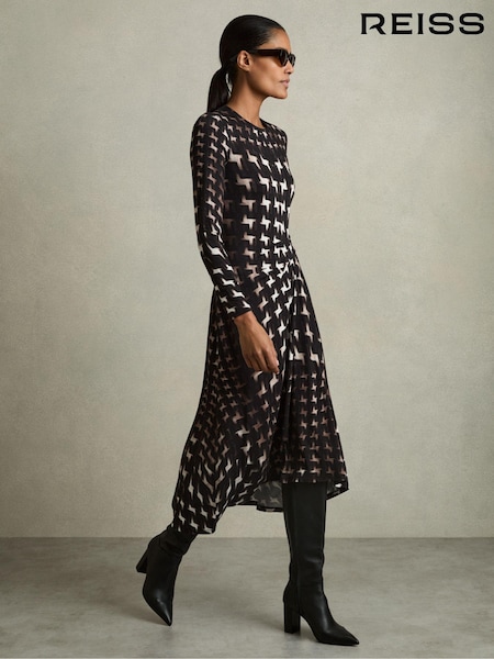 Reiss Black Halle Houndstooth-Print Ruched Midi Dress (AL9005) | $295