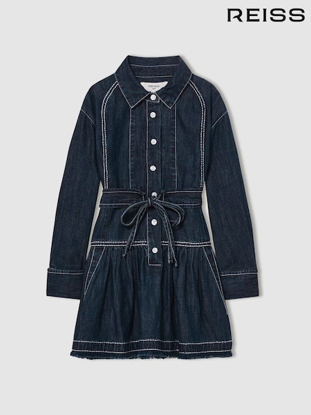Reiss Blue Leighton 13-14 yrs Chambray Contrast-Stitch Flippy Dress (AL9008) | €109