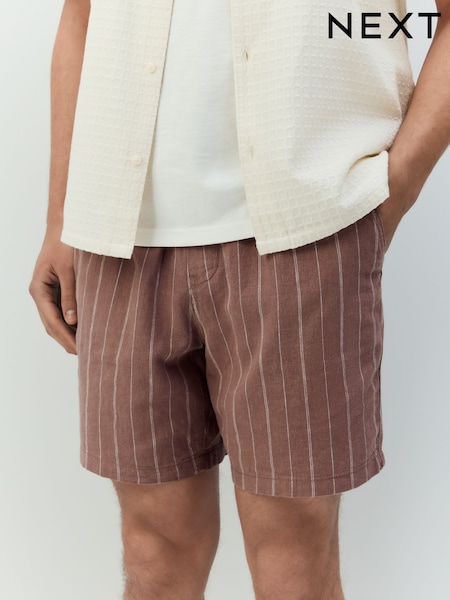 Brown Linen Blend Drawstring Waist Stripe Shorts (AL9045) | €30
