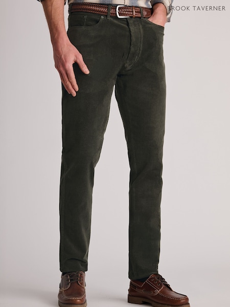Green - Regular Brook Taverner Corduroy Stretch Cotton 5 Pocket Trousers