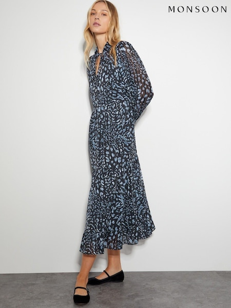 Monsoon Black Diane Long Sleeve Leopard Print Midi Dress (AL9069) | €54