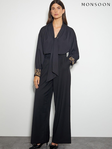 Monsoon Black Ann Pussybow Embellished Blouse (AL9072) | €53