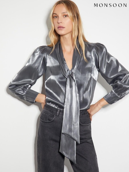 Monsoon Silver Orla Organza Pussybow Blouse (AL9077) | AED248
