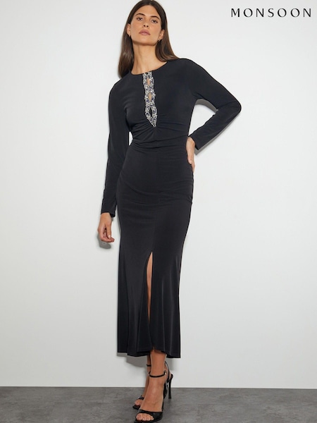 Monsoon Black Tess Embellished Trim Jersey Dress (AL9078) | AED472