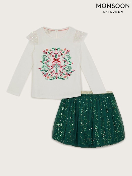 Monsoon Green Long Sleeve Christmas Wreath Top and Skirt Set (AL9232) | €30 - €34