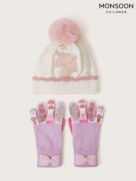 Monsoon Natural Sparkly Unicorn Winter Beanie Hat and Gloves Set (AL9239) | ₪141 - ₪146