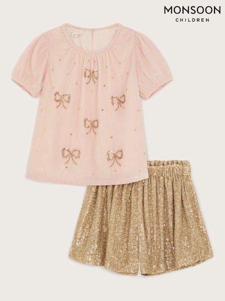 Monsoon Gold Bow Velvet T-Shirt and Sequin Shorts Set (AL9241) | €27 - €31