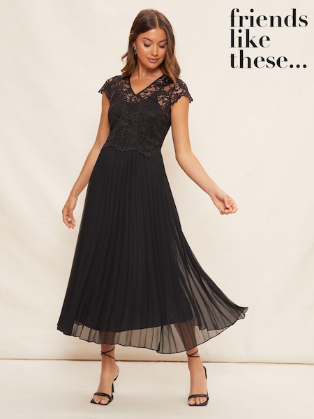 Friends Like These Black V-Neck Pleated Lace Midi Dress (AL9243) | € 128