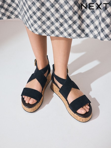 Navy Blue Suede Standard/Wide Fit Forever Comfort® Chunky Flatform Sandals (AL9252) | $76