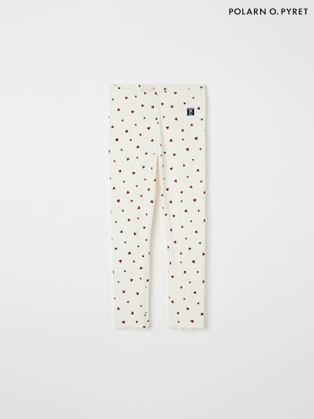 Polarn O Pyret White Organic Cotton Heart Print Ribbed Leggings (AL9338) | AED46