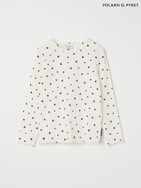 Polarn O Pyret White Organic Cotton Heart Print Ribbed Top (AL9345) | AED70