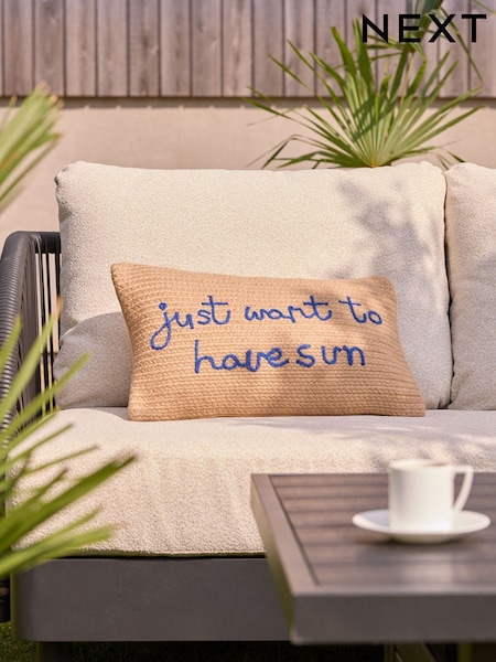 Blue Indoor Outdoor Jute Sun Slogan Cushion (AL9356) | €28