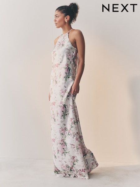 White and Pink Floral - High Neck Satin Maxi Dress (AL9589) | €95