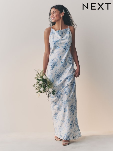 أبيض/أزرق زهور - Bridesmaid Satin Cowl Neck V-back Maxi Dress (AL9591) | ‏34 ر.ع.‏