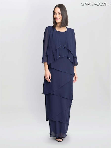 Gina Bacconi Blue Colette Jacket And Asymmetric Tiered Dress (AL9620) | 1,435 QAR