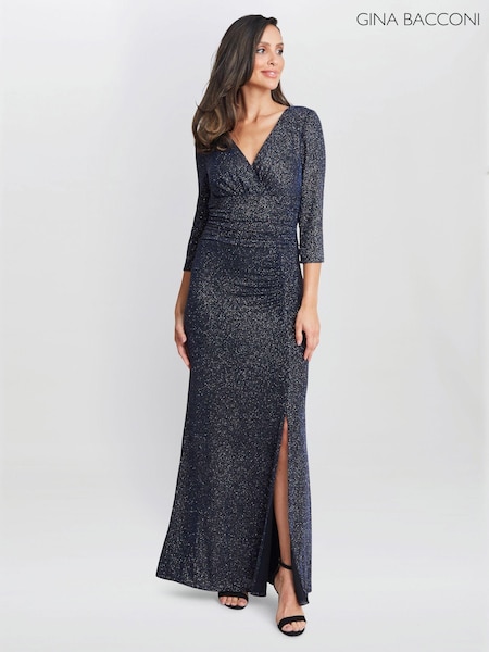 Gina Bacconi Blue Eugenie Metallic Maxi Dress With Ruched Waist And Front Slit (AL9632) | 421 €