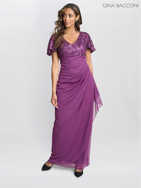 Gina Bacconi Purple Kaitlyn Embroidered Sequin Flutter Sleeve Cascade Dress (AL9633) | 740 QAR
