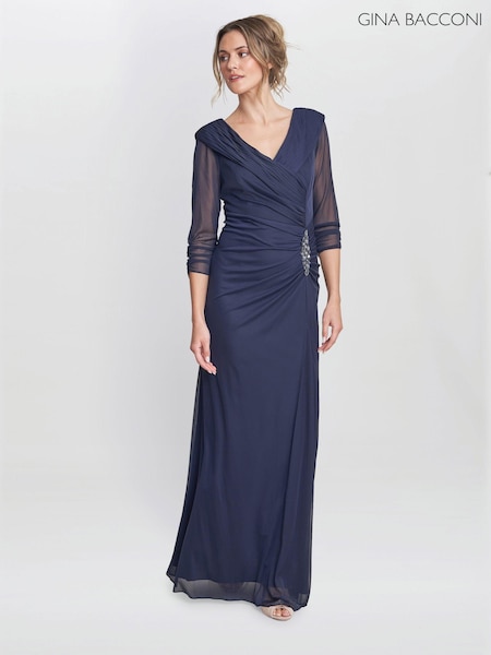 Gina Bacconi Blue Georgina Maxi Portrait Collar Dress With Beaded Trim (AL9647) | AED1,741