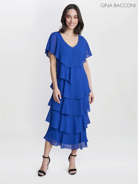 Gina Bacconi Blue Rebecca Midi Tiered Dress With Shoulder Trim (AL9653) | €159